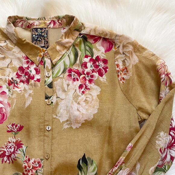 Johnny Was Mustard Yellow Vintage Rose Floral Yrene Silk Long Sleeve Blouse - Picture 3 of 7